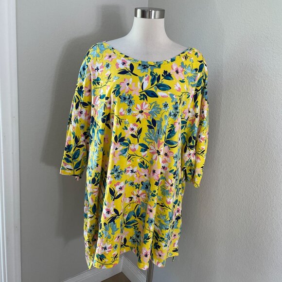 Woman Within Womens Plus 5X Floral Tunic Top Yellow Boat Neck Shirt Short Sleeve - Picture 1 of 10
